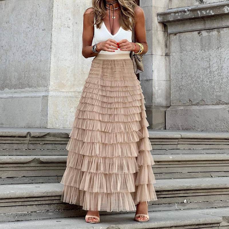 Layered Ruffles Cake Skirt Summer Fashion A Line Swing Mesh Long Skirt Party Dress Women - Velora