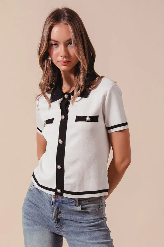 SO ME Button Down Knitted Sweater Shirt Top - Velora