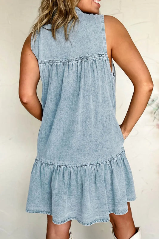 Tie Neck Sleeveless Denim Dress - Velora