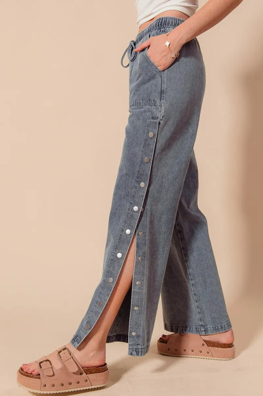 SO ME Mid Rise Drawstring Jeans with Side Snap Button - Velora