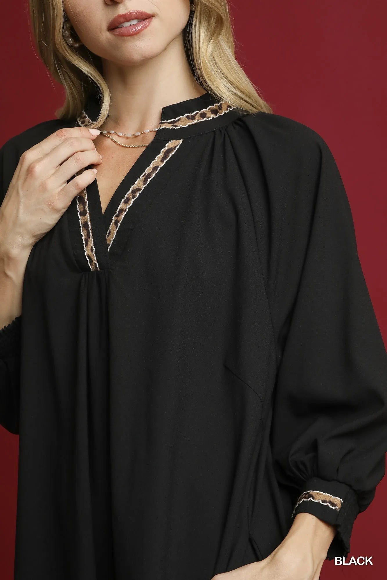 Umgee Notched Shift Dress with Trim Detail - Velora