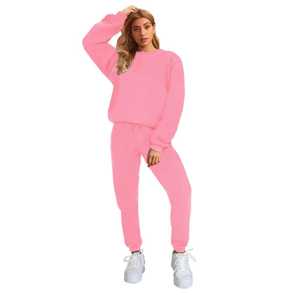 Women's Solid Color Round Neck Pullover Sweatshirt Pants - Velora