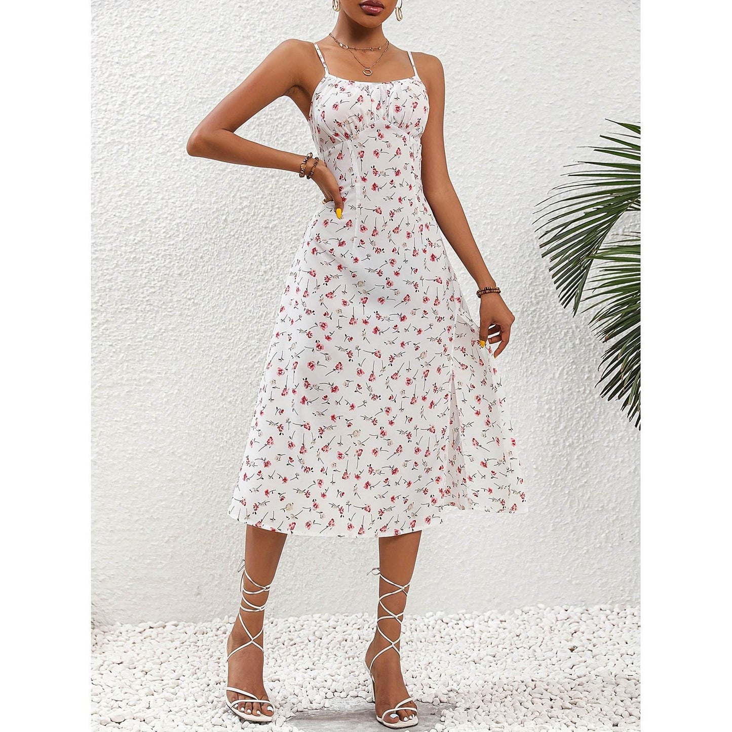 New Polka Dot Print Suspender Dress Summer Sexy Slit Long Dresses For Womens Clothing - Velora
