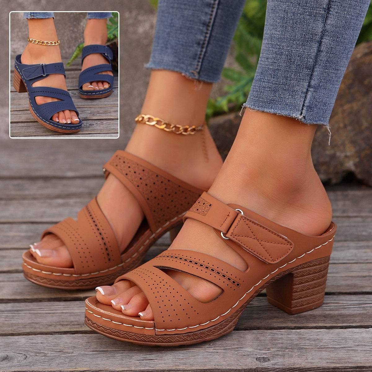 Square-heeled Peep-toe Slides Shoes Summer Casual Chunky Heel Sandals Solid Color Slippers - Velora