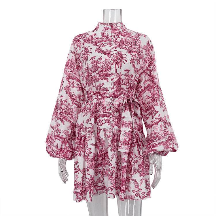 Ink Print Long Sleeve Short Dress With Fashion Puffy Sleeve Lapel Tie A-Line Dress Clothing - Velora
