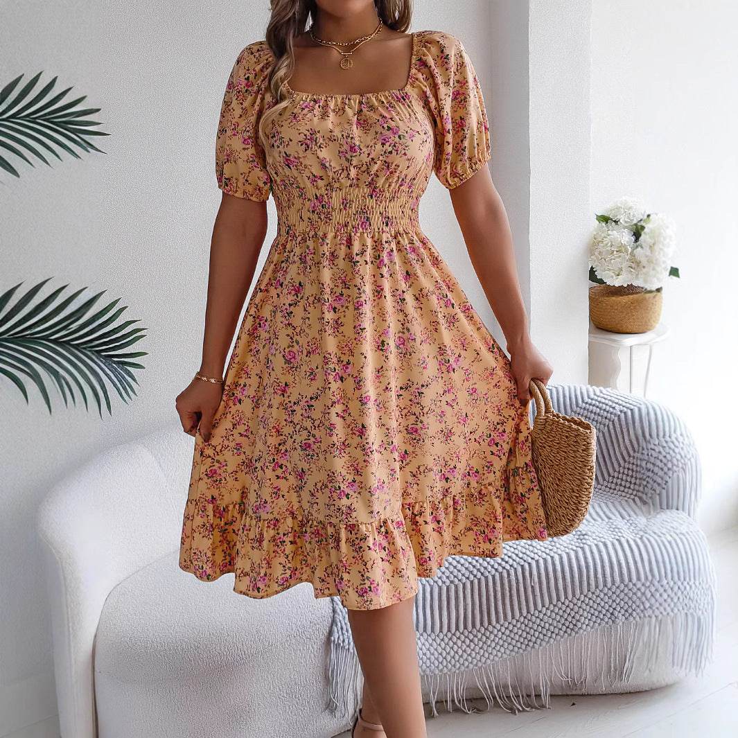 Floral Print Square Collar Dress Summer Fashion Ruffles Dresses Women's Clothing - Velora