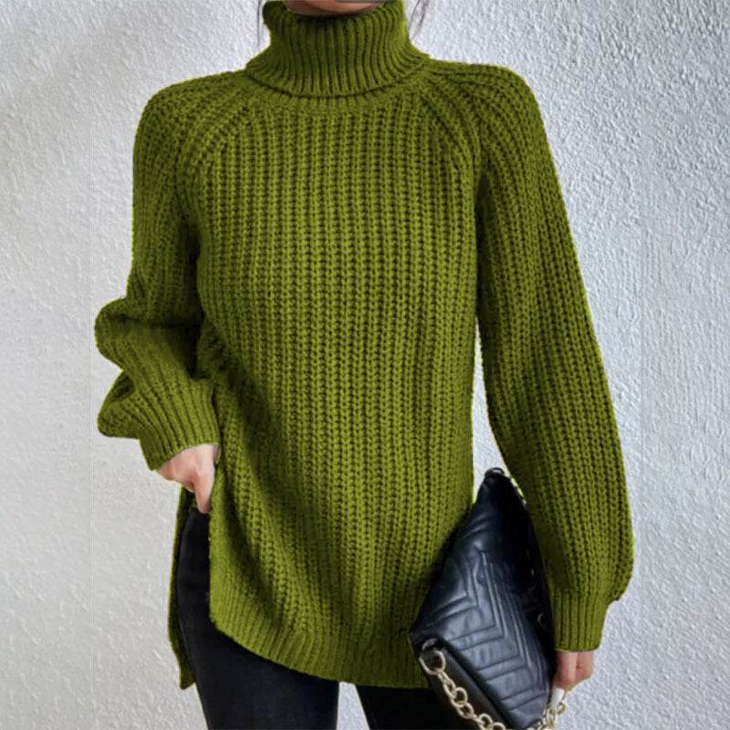 Turtleneck Pullover Sweater With Split Design Fashion Simple Solid Color Long Sleeve Tops Women's Clothing - Velora