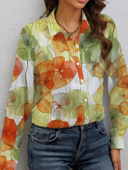 Printed Button Up Long Sleeve Shirt - Velora