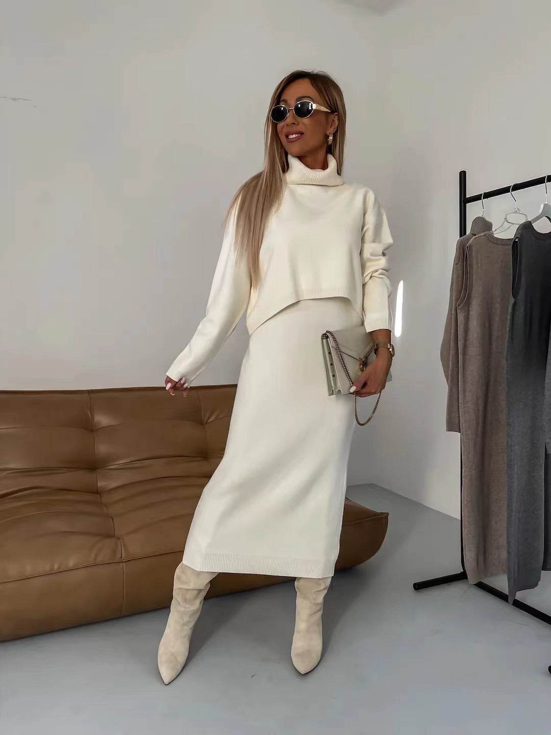 2pcs Sweater Suit Winter Fashion Turtleneck Pullover And Sleeveless Long Dress Womens Clothing - Velora