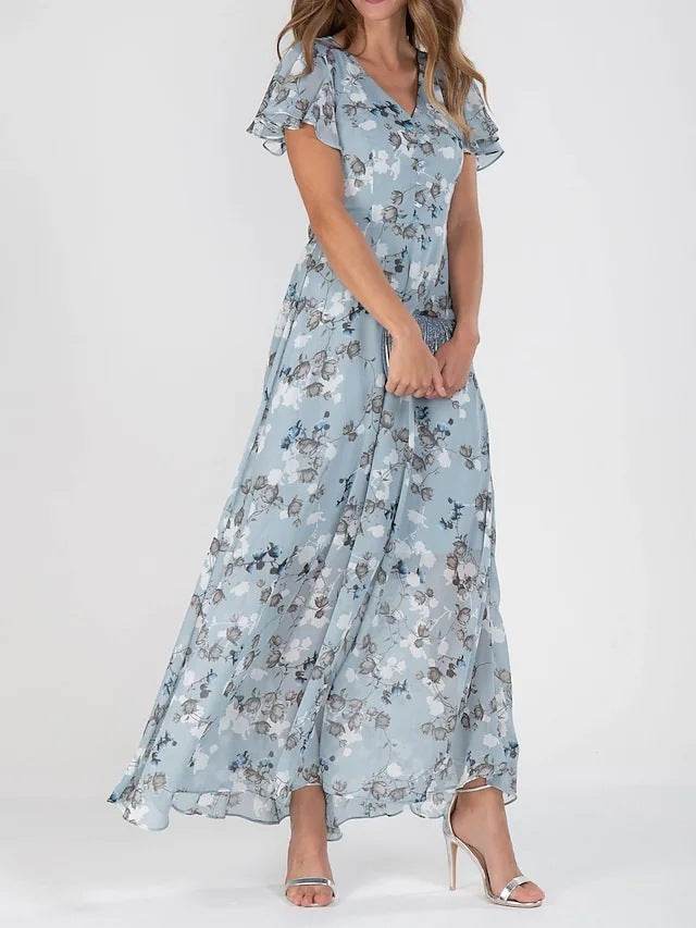 Flowers Print Short Sleeve Dress Summer Fashion Ruffle Beach Dresses Women's Clothing - Velora