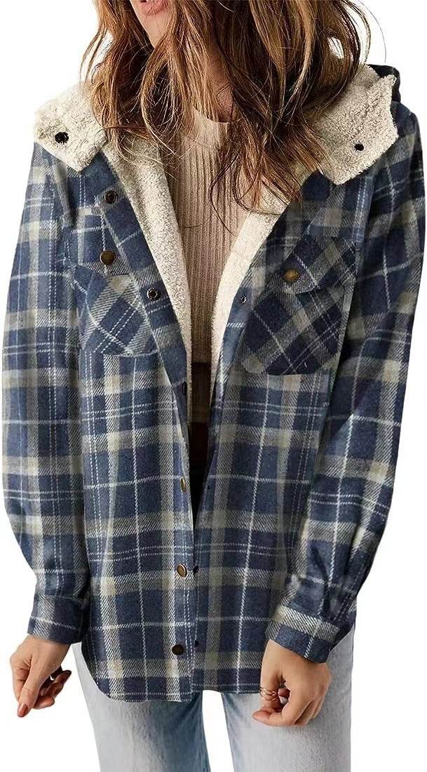 Casual Plaid Hooded Woolen Coat Thickened Fleece-lined Warm Jacket - Velora