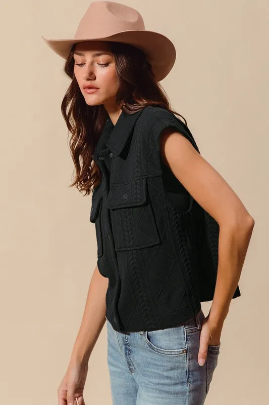 SO ME Cable Quilting Stitch Button Up Knit Vest - Velora