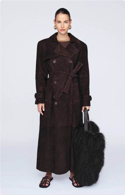 Double Breasted Lapel Shift Coat With Belt Fashion Vintage Suede Long Coat Winter Outwear Women's Clothing - Velora