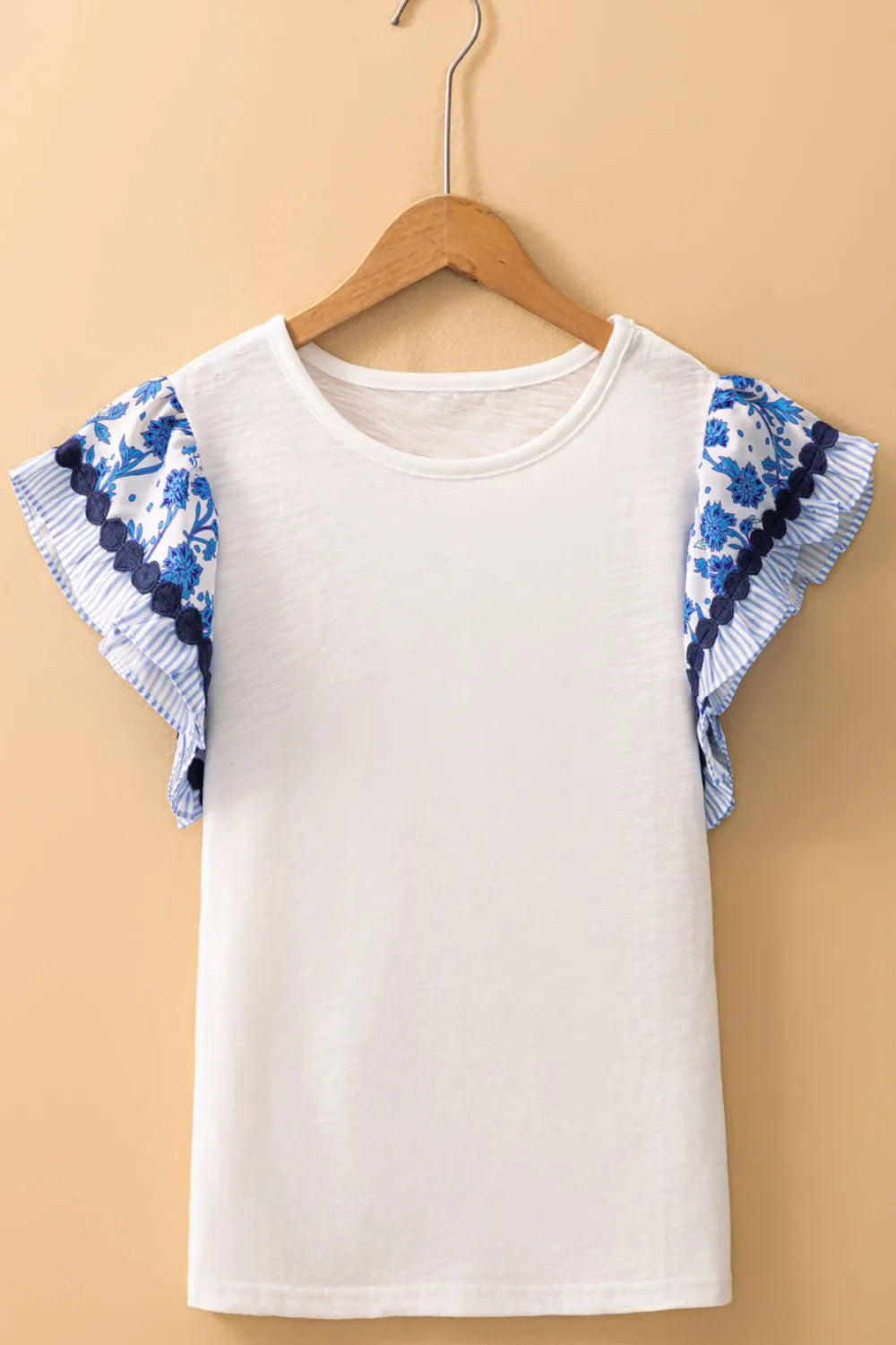 Round Neck Printed Ruffled Cap Sleeve Blouse - Velora