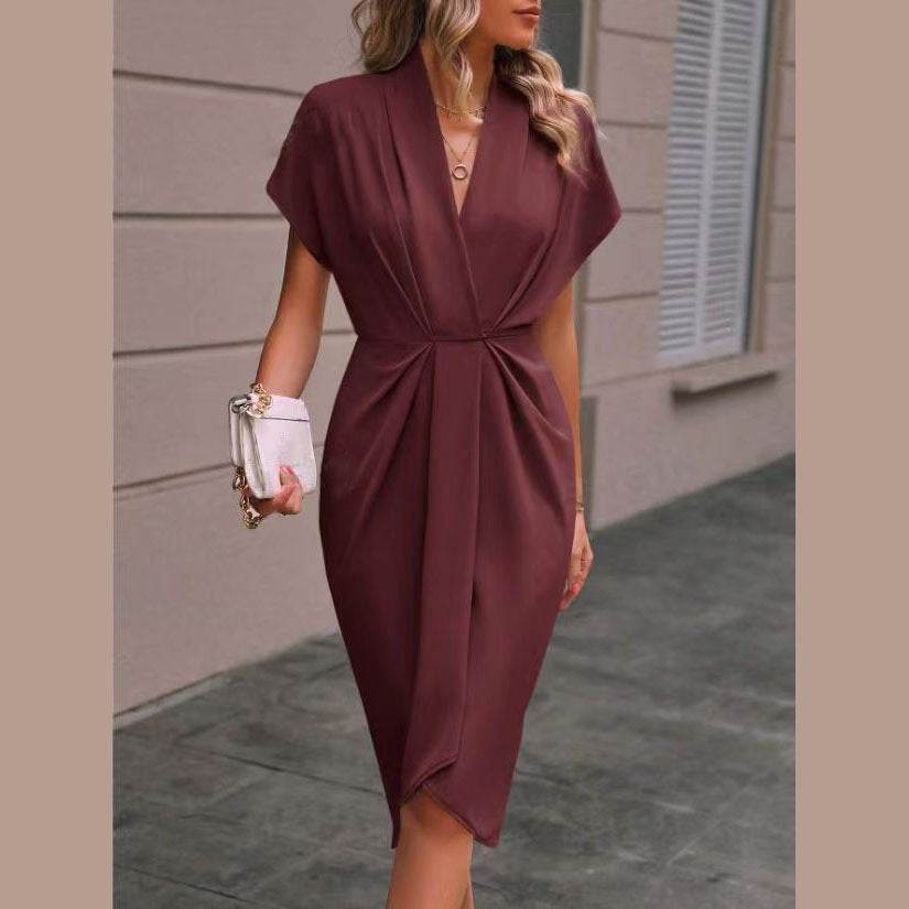 Summer Batwing Sleeve Dress Fashion V-neck Short Sleeve Pleated Dresses Womens Clothing - Velora