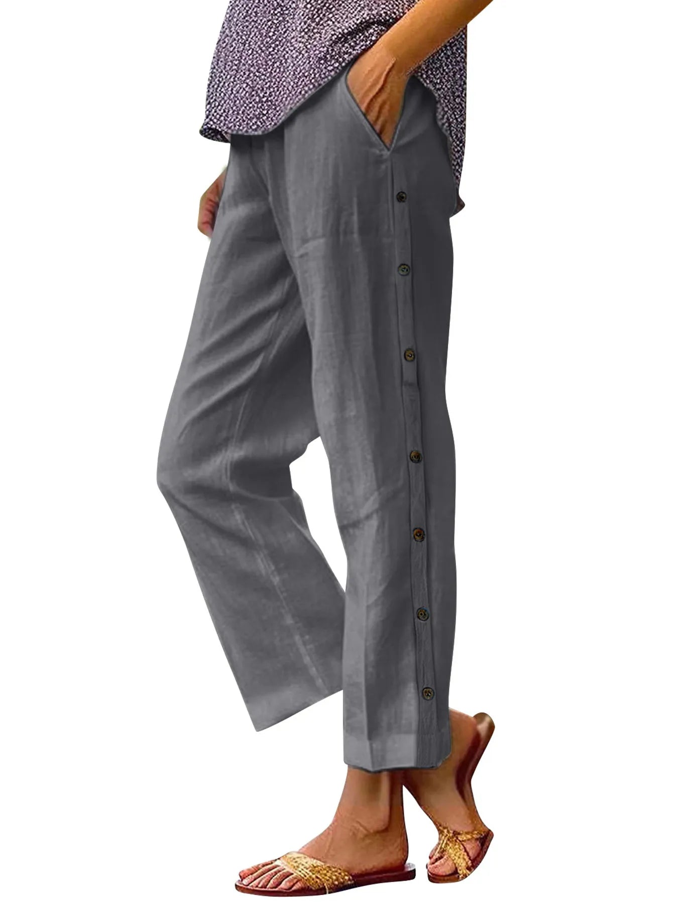 Full Size Side Decor Button Casual Wide Leg Pants Plus Size - Velora