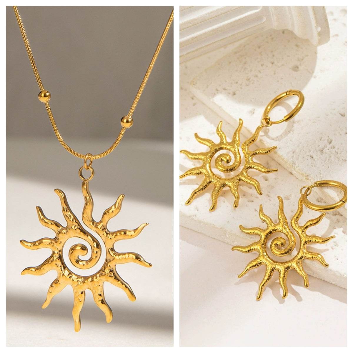 Stainless Steel Necklace - Hammered Spiral Sun Pendant Necklace - Velora