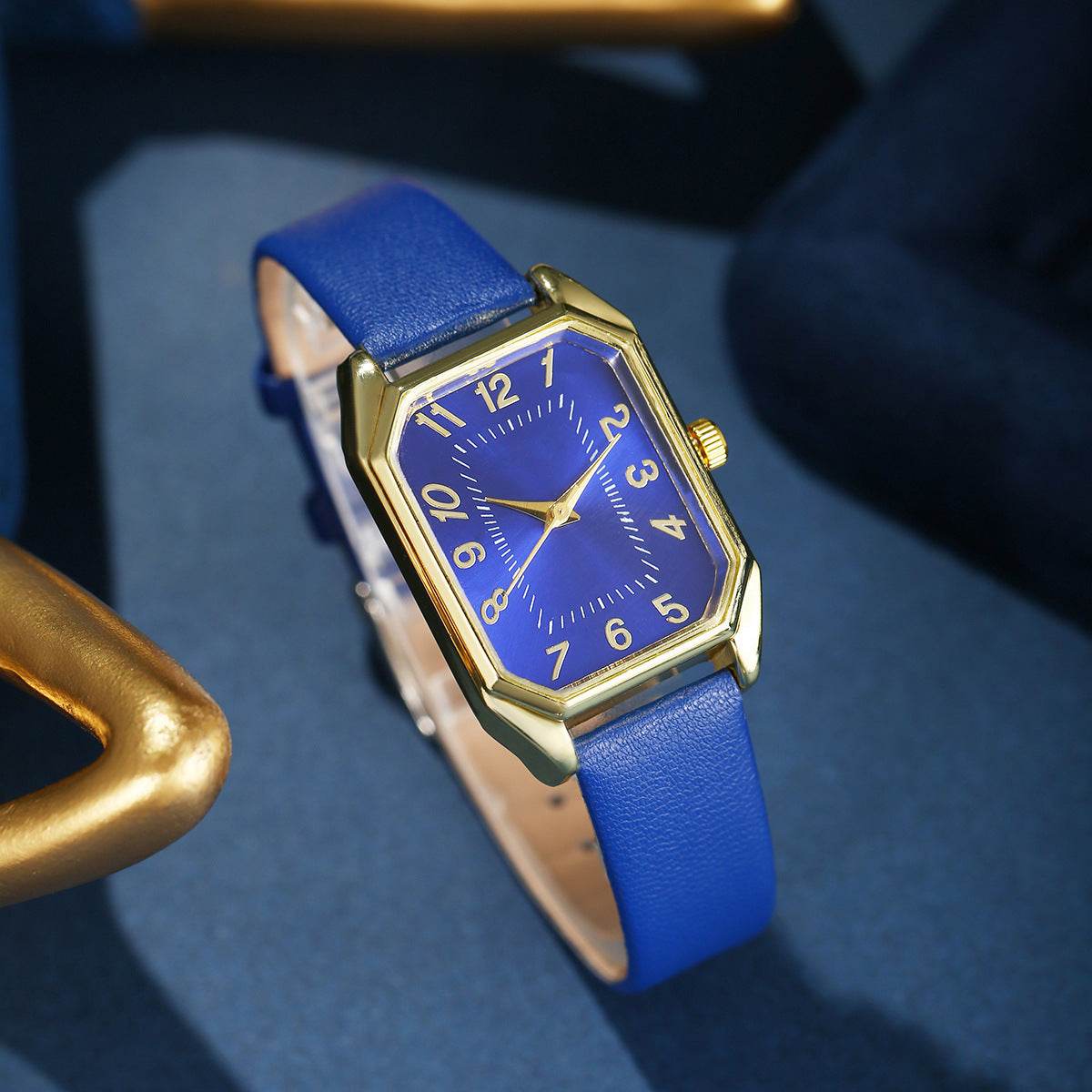 Leather Women's Watch Square Quartz Watch Korean Necklace Earrings Ring Set - Velora