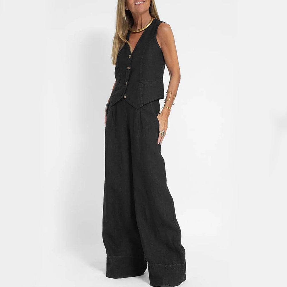 Summer Vest Suits V-neck Botton Sleeveless Top And Loose Straight Trousers Casual Womens Clothing - Velora