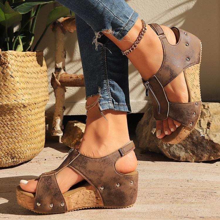 Summer Zipper Wedges Sandals Women's Lightweight Height Increasing Shoes Fashion Casual Sandals - Velora