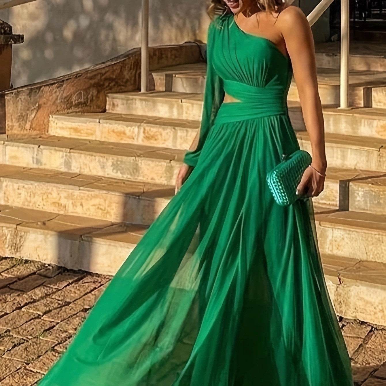 Spring And Summer Solid Color One Shoulder Midriff Outfit Elegant Slim Long Dress - Velora