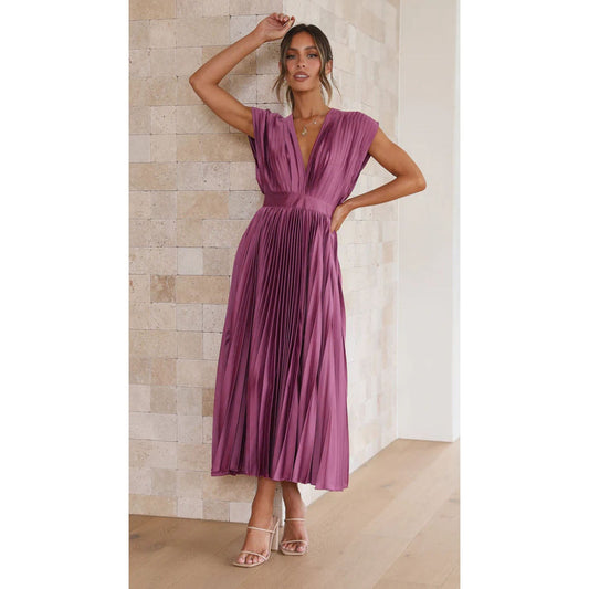 Women's V-Neck Pleated Midi Dress – Sleeveless Zip Casual Summer Dress