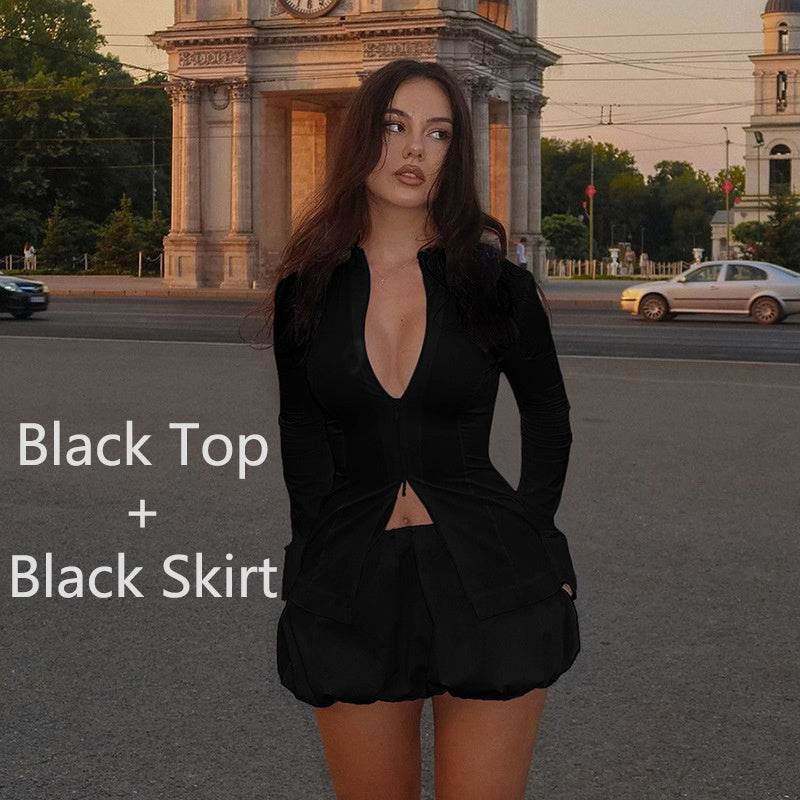 Slim Suits V-neck ZIpper Long-sleeved Top And Mini Skirt Ins Fashion Two-piece Set Women Clothing - Velora