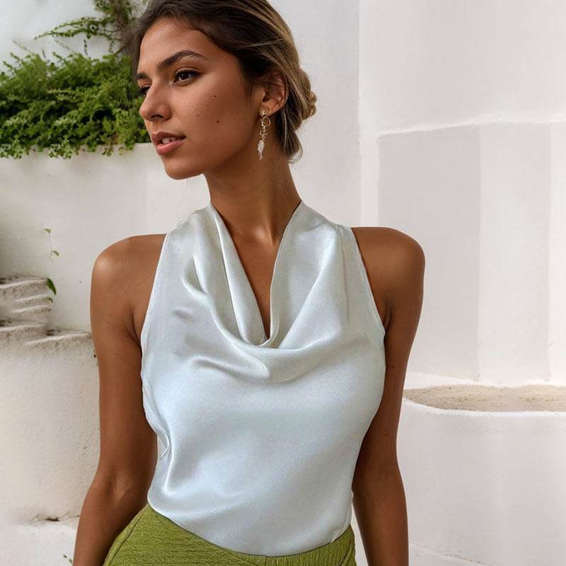 Women Solid Color Swing Collar Sleeveless Vest Trendy Elegant Shirt With Halter Neckline Backless Short Sleeve Tops Tshirts - Velora