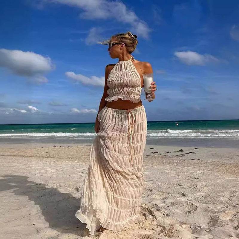 2pcs Women's Dress Suit Sexy Sleeveless Backless Cropped Halter Top And Pleated Long Dress - Velora