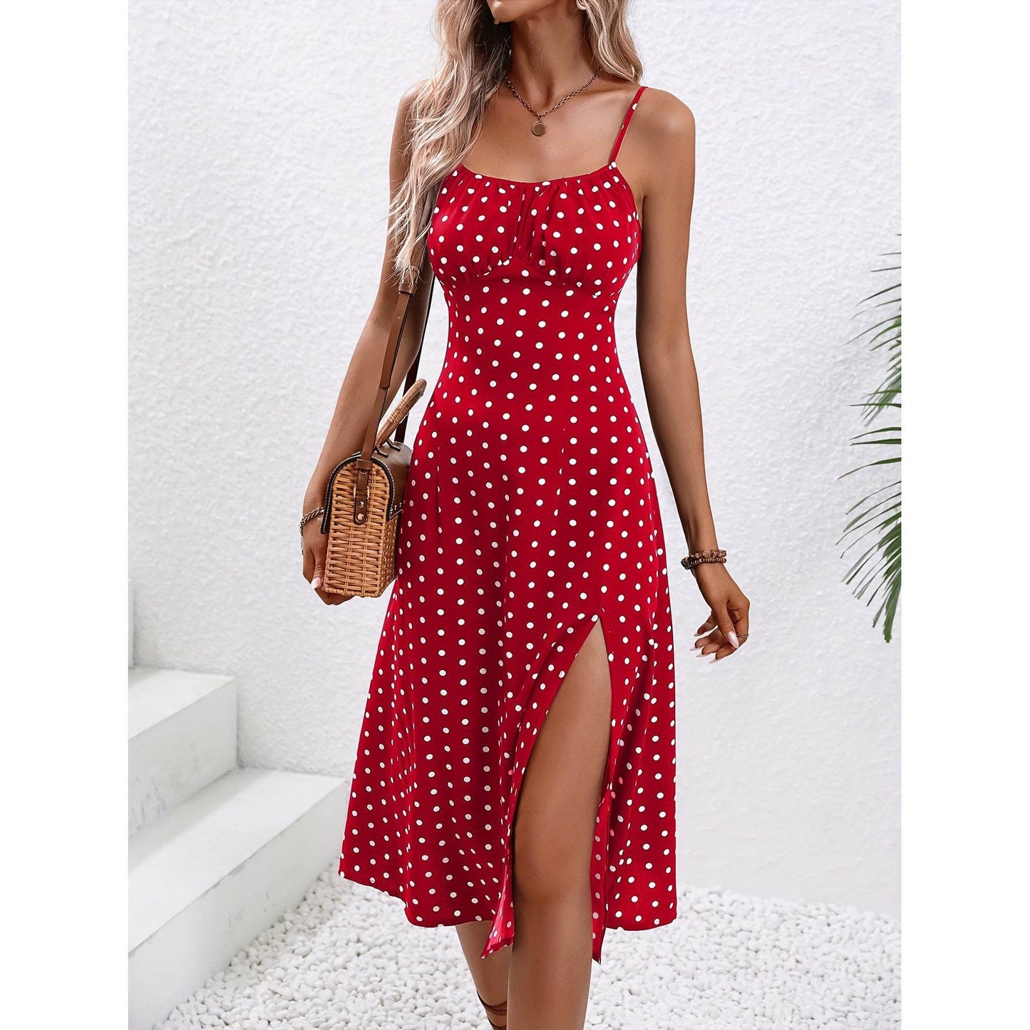New Polka Dot Print Suspender Dress Summer Sexy Slit Long Dresses For Womens Clothing - Velora