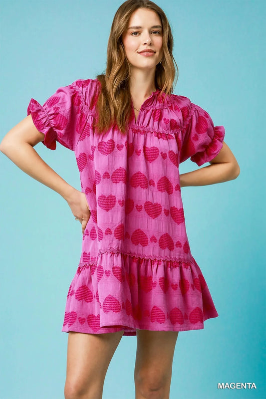 Umgee Heart Pattern Short Sleeve Ruffle Babydoll Dress - Velora