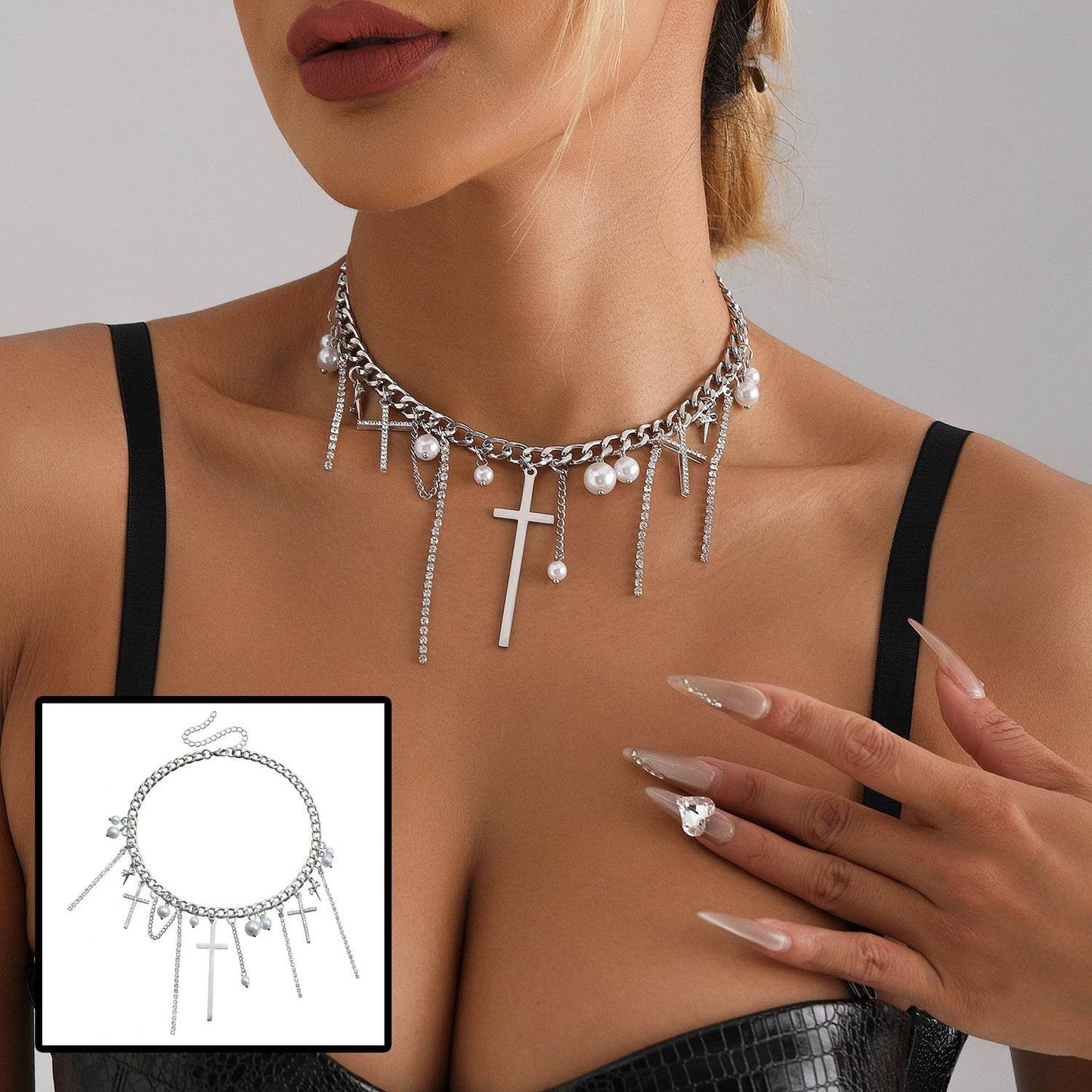 Cross Tassel Pearl Collarbone Chain Jewelry Cool Spicy Girl Necklace Fashion Jewelry - Velora