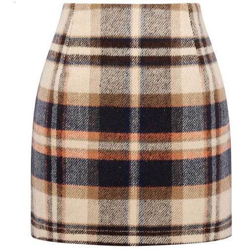 Women's High Waist Plaid Tight Pencil Wool Mini Skirt - Velora