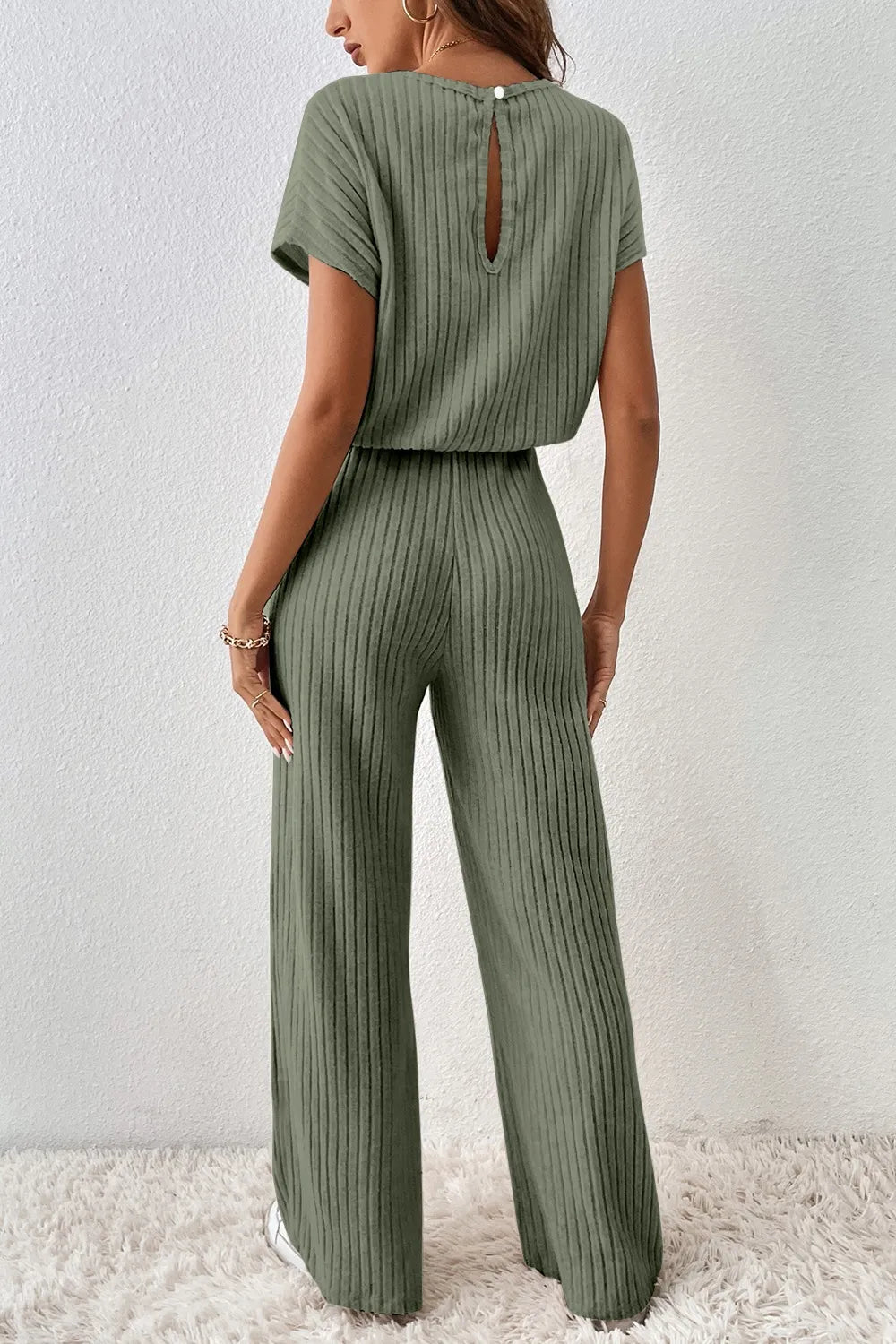 Ribbed Short Sleeve Wide Leg Jumpsuit - Velora