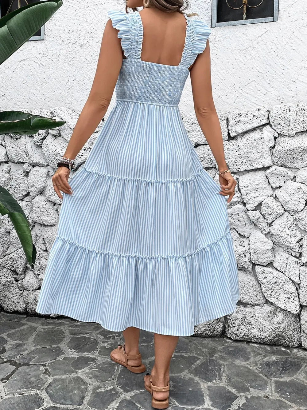 Smocked Striped Wide Striped Midi Dress - Velora