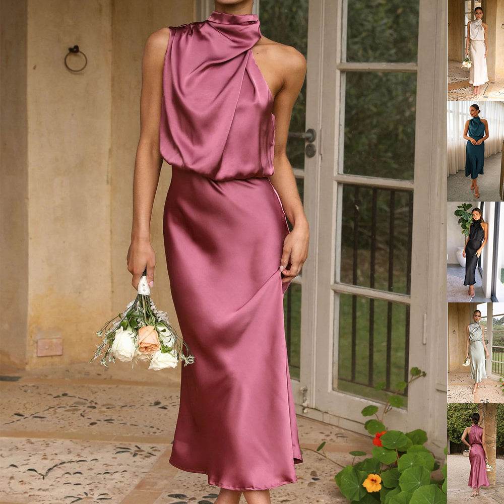 Sleeveless Halter Neck Dress Summer Fashion Temperament Evening Dresses For Women Clothing - Velora
