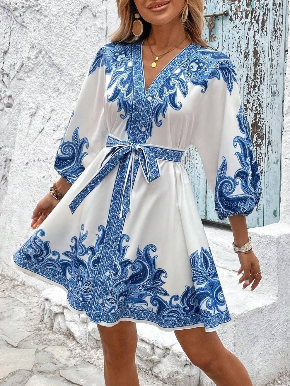 Paisley V-Neck 3/4 Sleeve Mini Dress - Velora