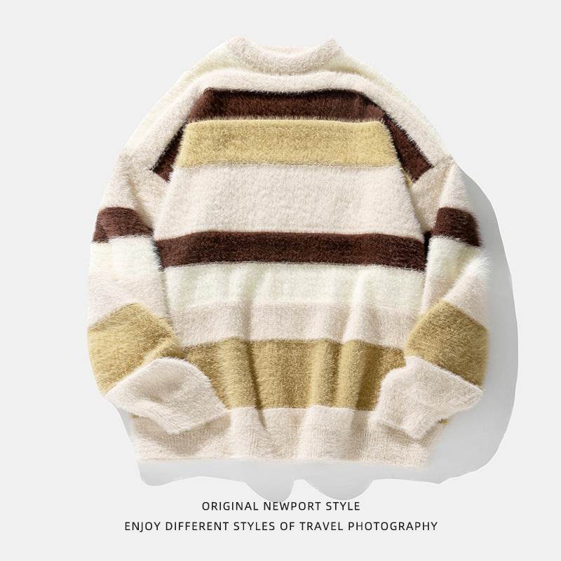 Artificial Mink Fur Contrast Color Striped Round Neck Sweater Japanese-style Retro - Velora