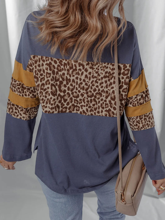 Leopard Color Block Long Sleeve Drop Shoulder Top - Velora