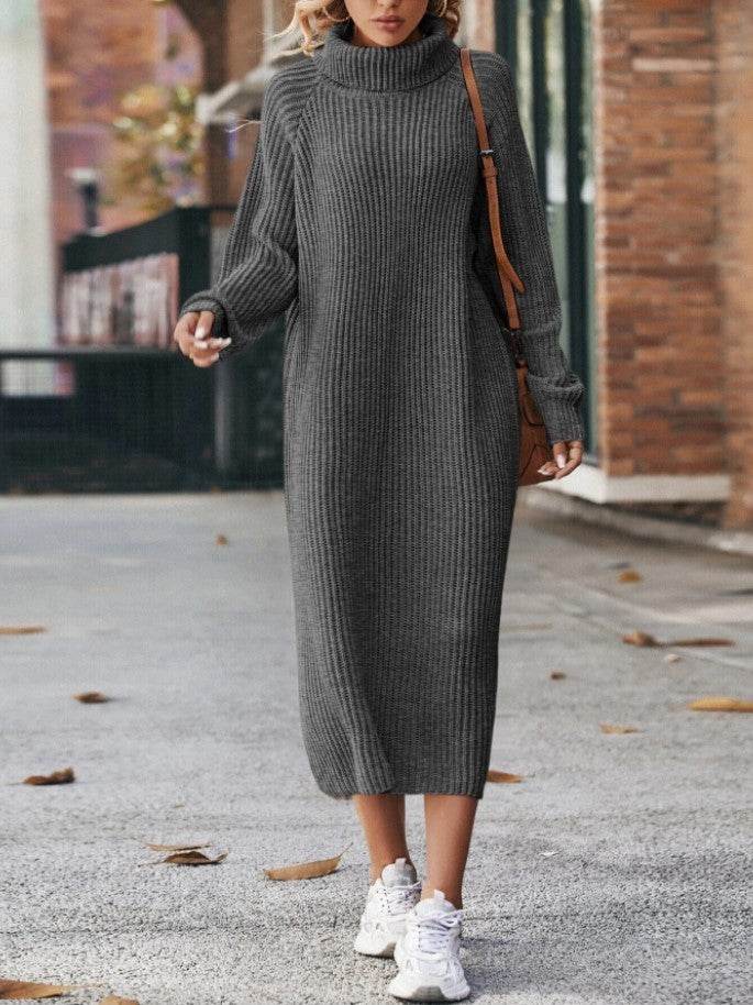 Winter Turtleneck Knitted Sweater Dress Fashion Solid Loose Pullover Long Dresses For Women Clothing - Velora