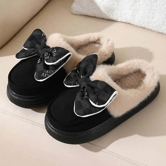 Cute Bowknot Plush Slipper Winter Warm Indoor Floor Bedroom Home Slippers For Women Fashion Thick-soled Solid House Shoes - Velora