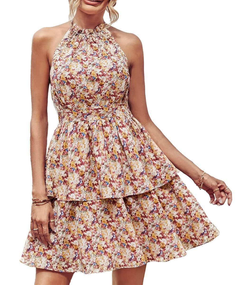 Summer Printed Halter Dress Fashion Boho Backless Ruffled A-Line Beach Dresses For Womens Clothing - Velora