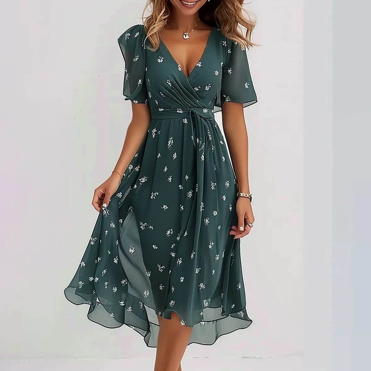 Chiffon Printed Short Sleeve Dress Summer Elegant V-neck Dresses Womens Clothing - Velora
