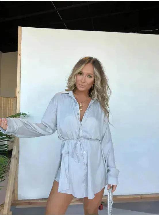 Elegant Women's Long Sleeve Button down Shirt Dress Fashionable Short Outfit Set Two piece Suit Set - Velora