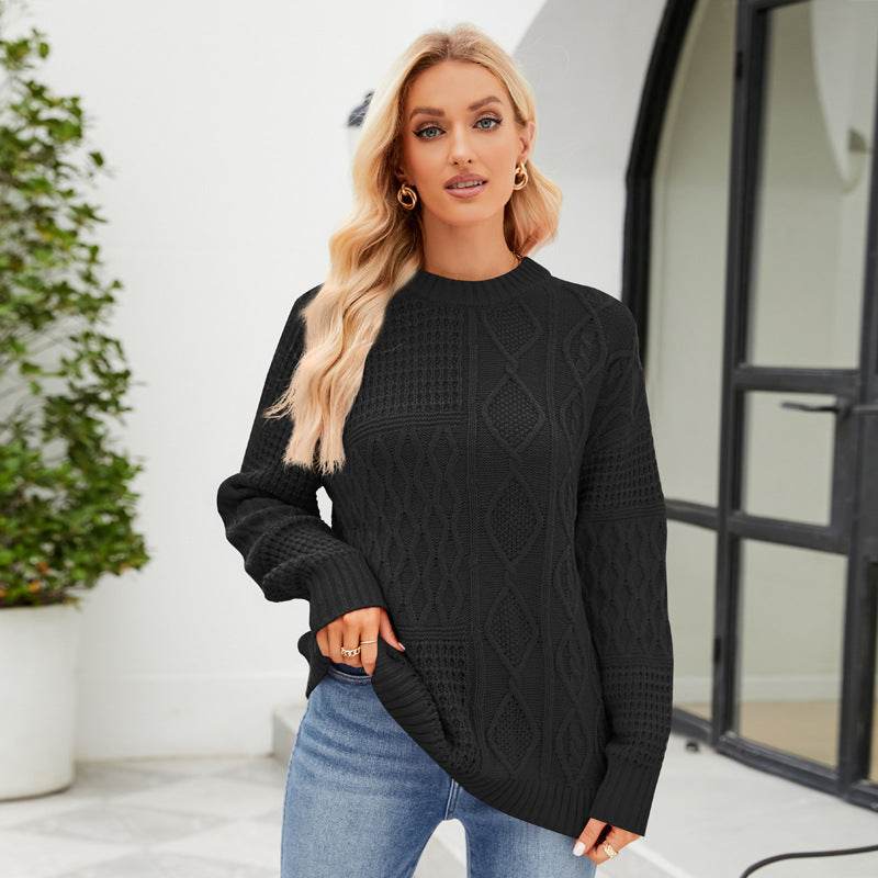 Casual Round-neck Pullover Sweater Fall Winter Solid Color Cable-knot Pattern Tops Women Clothing - Velora