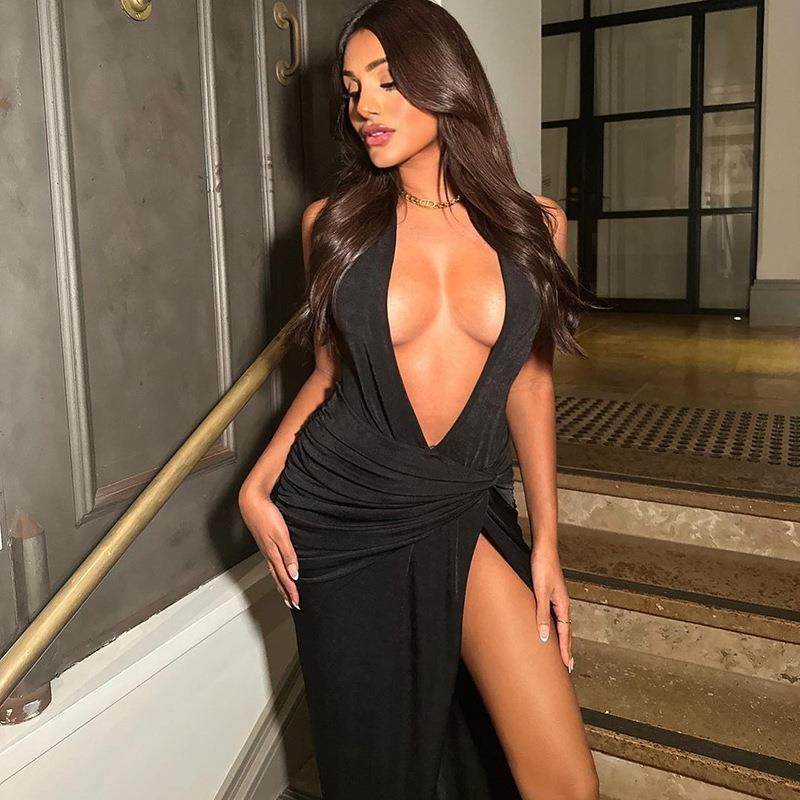 Solid Color Ultra Low Bosom Sexy Sleeveless Split Dress - Velora