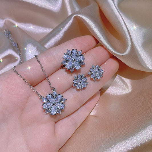 Fashion Jewelry Zircon Women Necklace Ring Double Layers Flower Cubic Zirconia Jewelry Shiny Simple All Match Stud Earrings Ring Necklace For Wedding - Velora