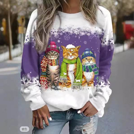 Cross-border Women's Christmas New Snowman And Cat Printed Long Sleeve Casual Loose-fitting T-shirt Christmas Supplies - Velora