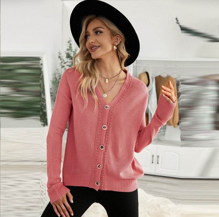 Pure Color Casual Single-breasted V-neck Pullover Sweater - Velora