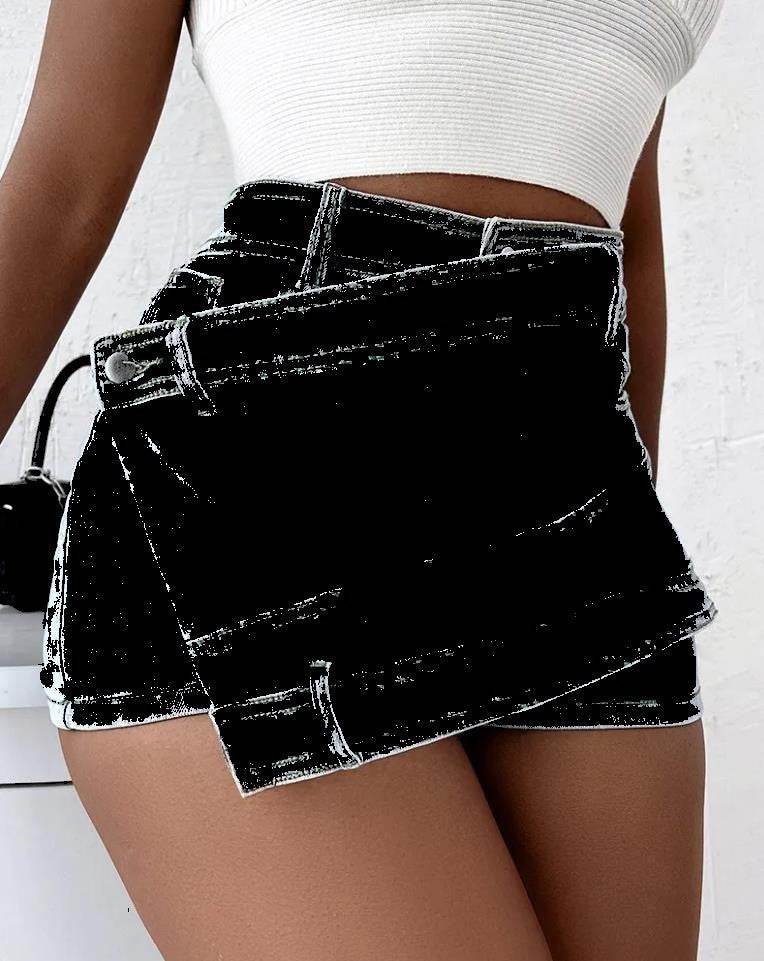 Y2K Street Vintage Denim Shorts Stretch Overlap Waist Wrap Solid Asymmetrical Hem A-Line Skinny Mini Skorts Skirt - Velora